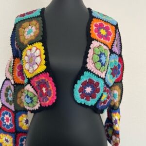 EUC Wild Orange Tree Crochet Granny Square Cardigan Sweater Boho